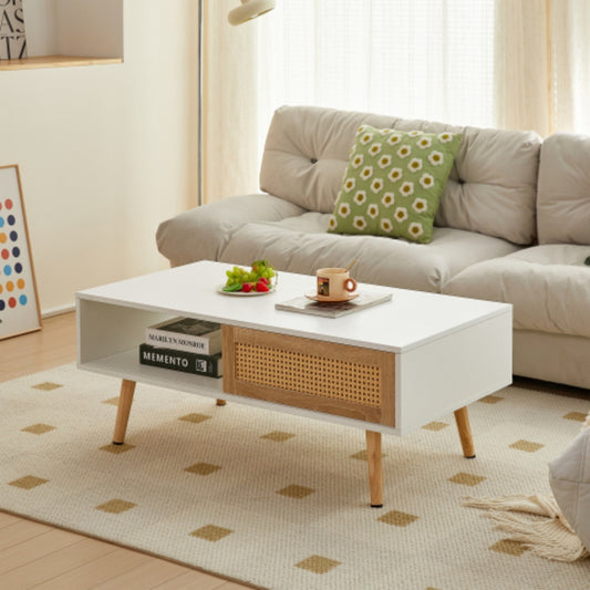 Modern Rattan Coffee Table with Sliding Storage Door in White Finish