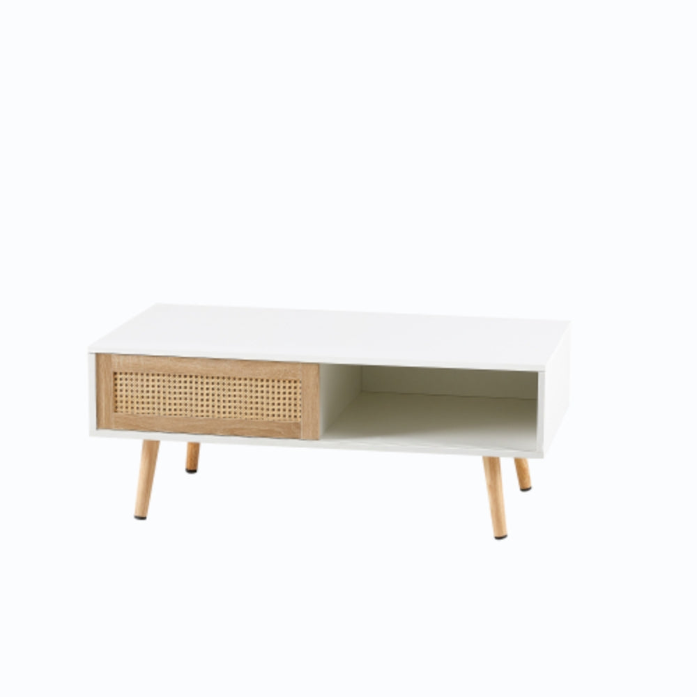 Modern Rattan Coffee Table with Sliding Storage Door in White Finish