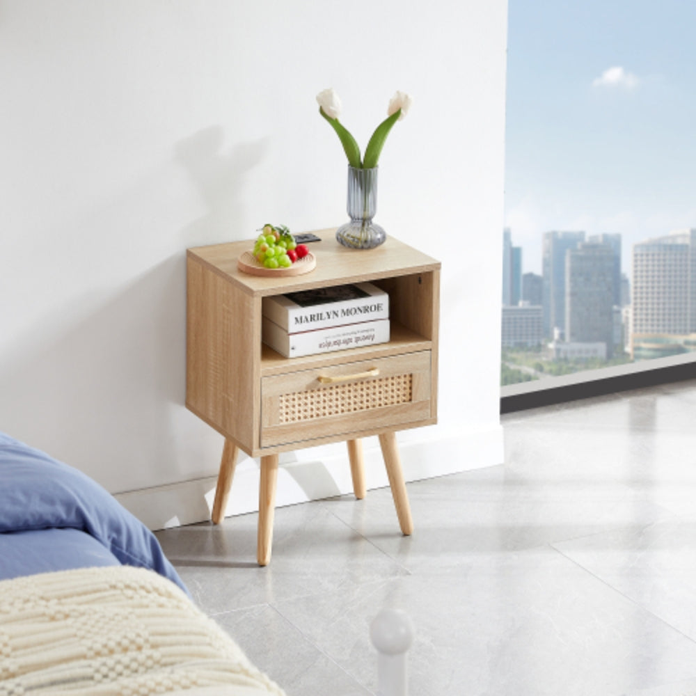 15.75 Inch Rattan End Table with Power Outlet and USB Ports in Natural Finish