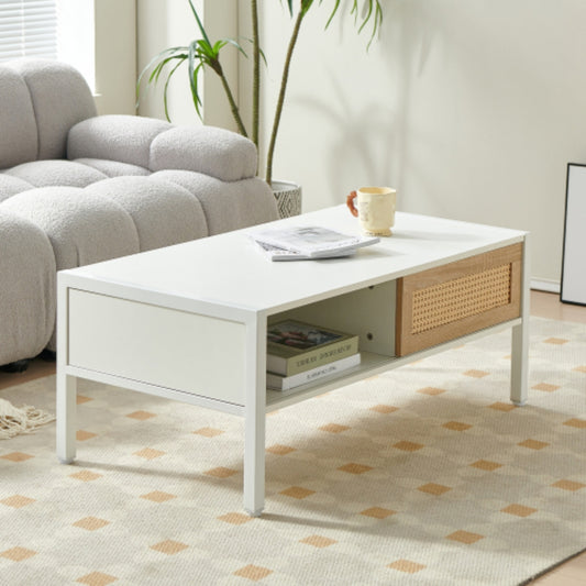 40.16 Inch White Rattan Coffee Table with Sliding Storage Door and Metal Legs
