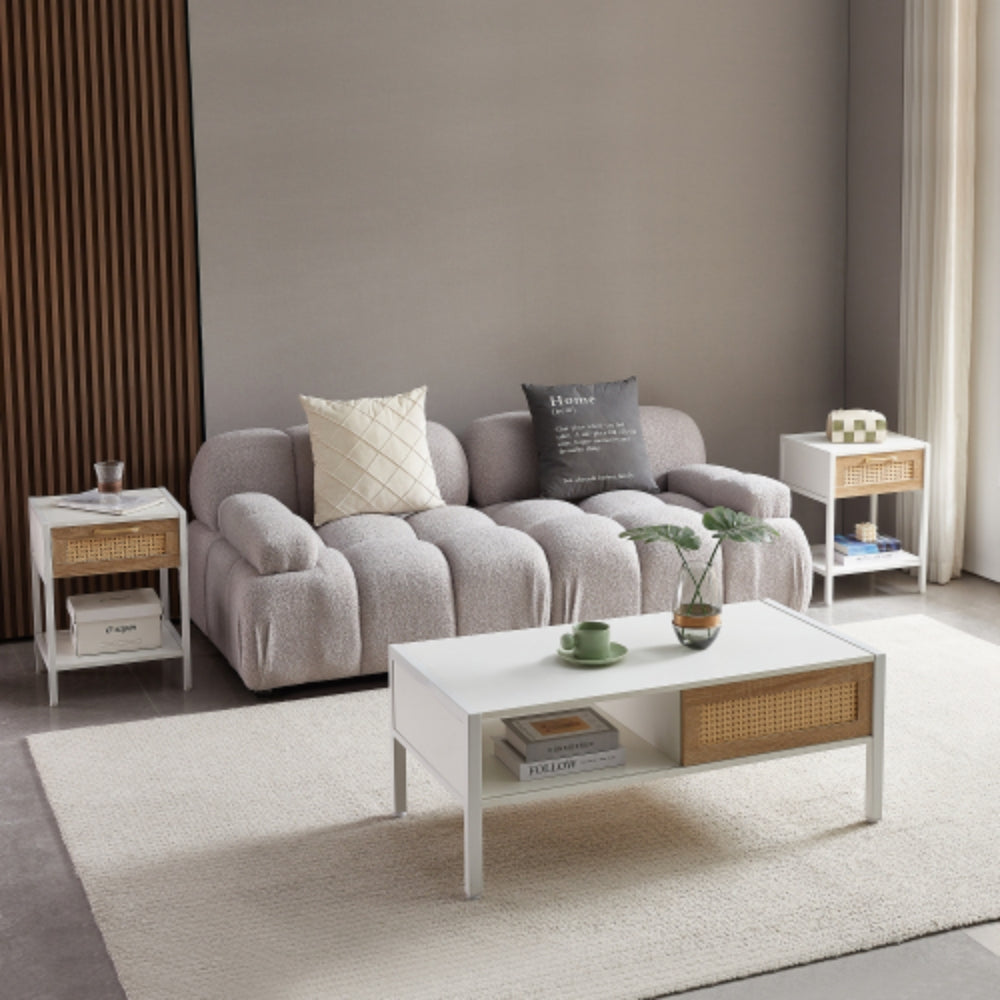 40.16 Inch White Rattan Coffee Table with Sliding Storage Door and Metal Legs