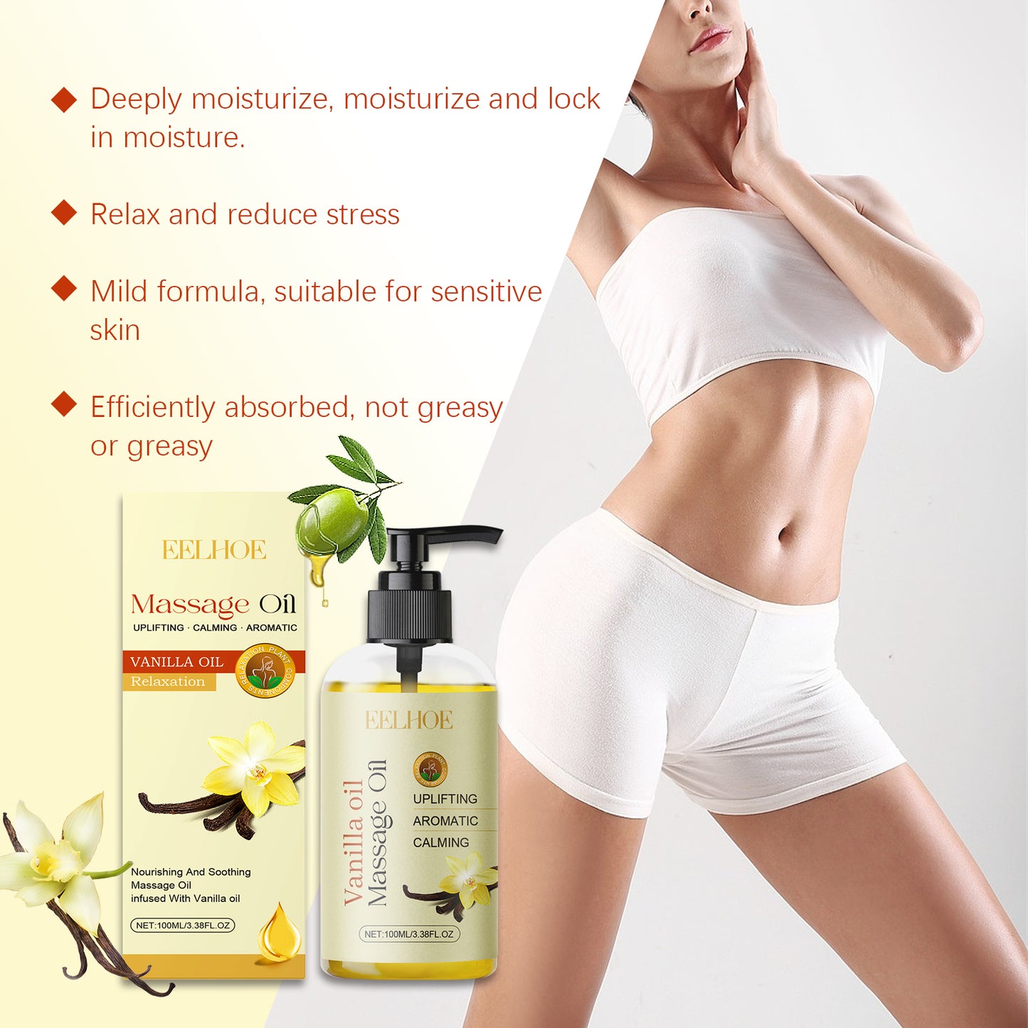 EELHOE Vanilla Body Essential Oil Softens Body Skin Hydrating Moisturizing Soothing Radiant Body Essential Oil