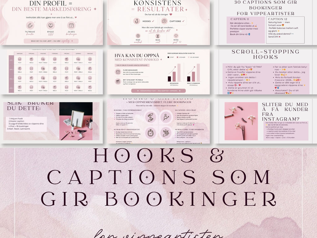Hooks og bildetekster for vippeartister + månedlig innholdsplan NORG